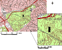 A topographical view of the 50  100-meter study plot positioned within the 29-hectare Northern Woods of Forest Park amidst the surrounding urban communities.